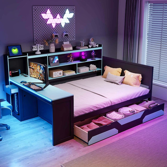 Main image of Full Size Gaming Daybed with Integrated Desk and Lights, Wooden Bed Frame with Storage Drawers and Built in Charging