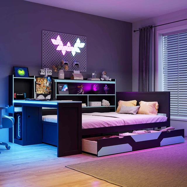 Alt view image 3 of 7 - Full Size Gaming Daybed with Integrated Desk and Lights, Wooden Bed Frame with Storage Drawers and Built in Charging