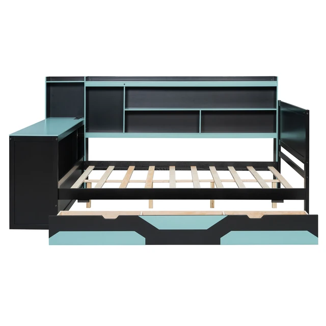 Alt view image 5 of 7 - Full Size Gaming Daybed with Integrated Desk and Lights, Wooden Bed Frame with Storage Drawers and Built in Charging