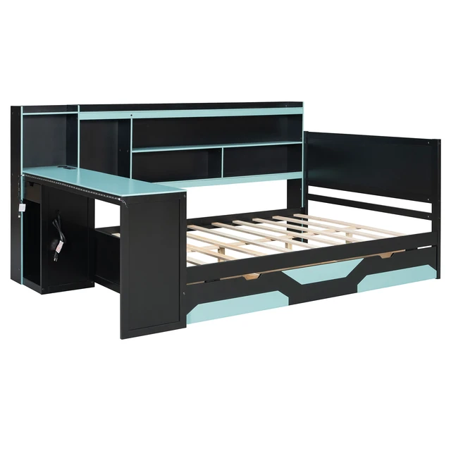 Alt view image 6 of 7 - Full Size Gaming Daybed with Integrated Desk and Lights, Wooden Bed Frame with Storage Drawers and Built in Charging