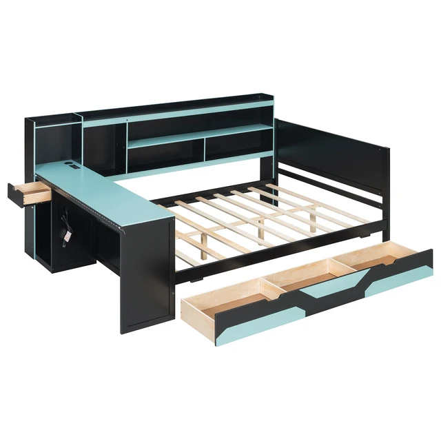 Alt view image 7 of 7 - Full Size Gaming Daybed with Integrated Desk and Lights, Wooden Bed Frame with Storage Drawers and Built in Charging