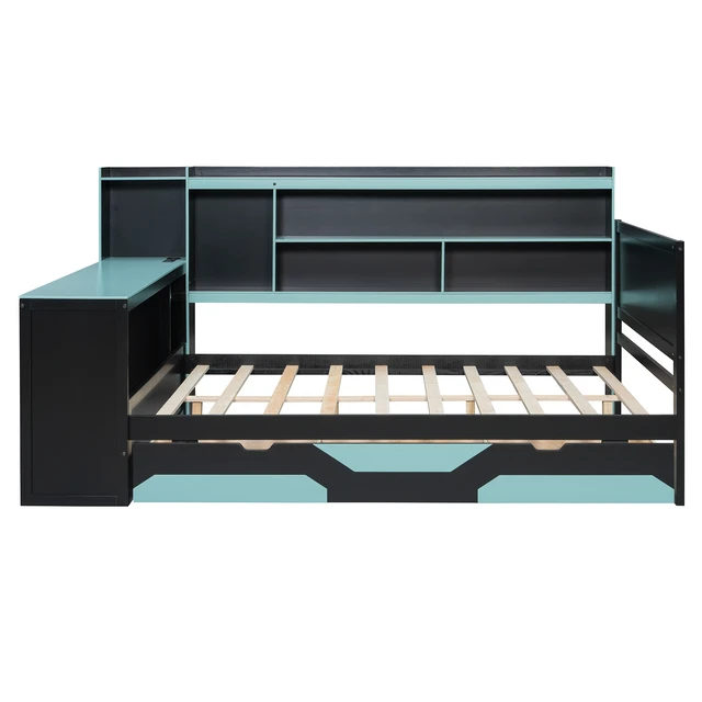 Alt view image 4 of 7 - Full Size Gaming Daybed with Integrated Desk and Lights, Wooden Bed Frame with Storage Drawers and Built in Charging