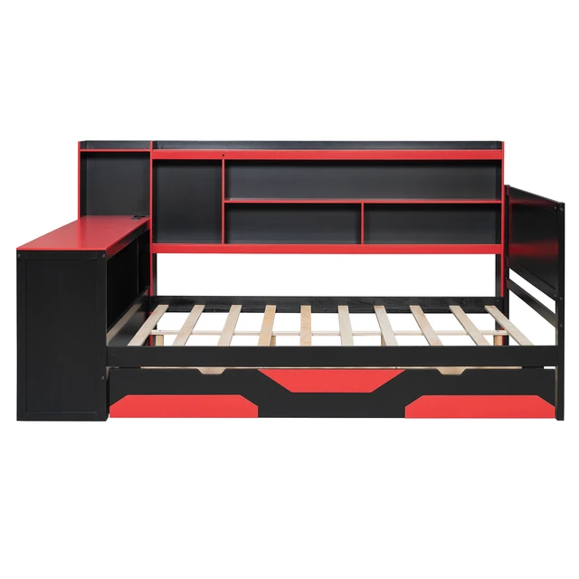Alt view image 4 of 7 - Full Size Gaming Daybed with Integrated Desk and Lights, Wooden Bed Frame with Storage Drawers and Built in Charging