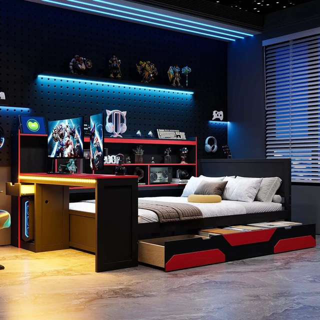 Alt view image 3 of 7 - Full Size Gaming Daybed with Integrated Desk and Lights, Wooden Bed Frame with Storage Drawers and Built in Charging
