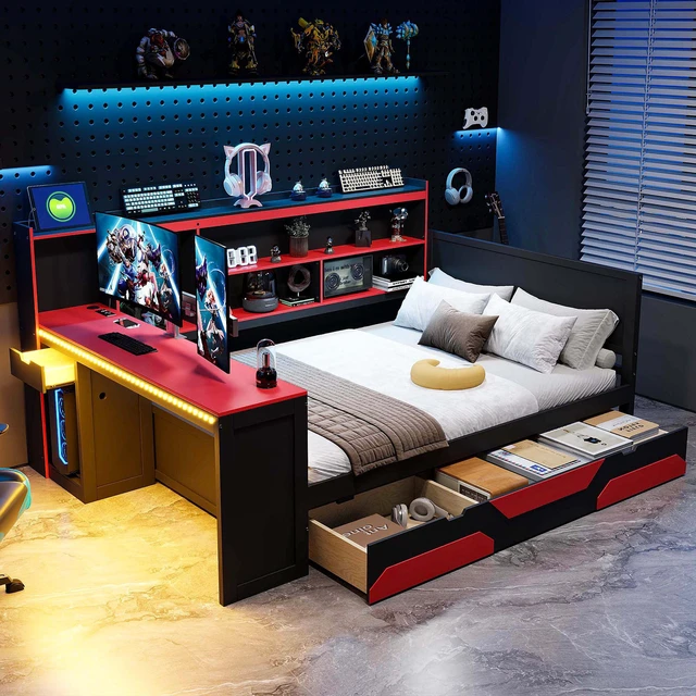 Main image of Full Size Gaming Daybed with Integrated Desk and Lights, Wooden Bed Frame with Storage Drawers and Built in Charging