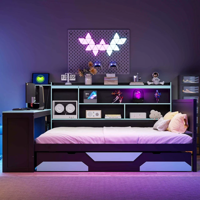 Alt view image 2 of 7 - Full Size Gaming Daybed with Integrated Desk and Lights, Wooden Bed Frame with Storage Drawers and Built in Charging