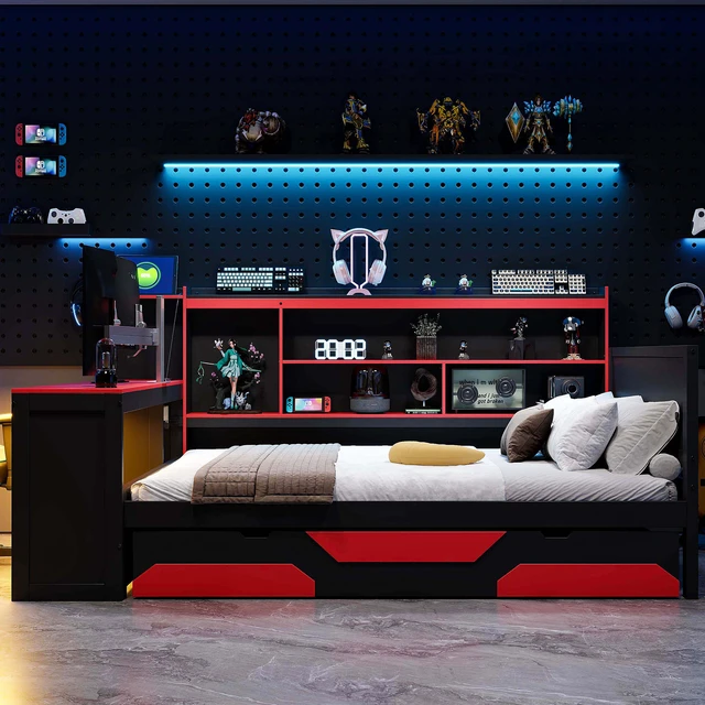 Alt view image 2 of 7 - Full Size Gaming Daybed with Integrated Desk and Lights, Wooden Bed Frame with Storage Drawers and Built in Charging