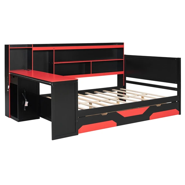 Alt view image 6 of 7 - Full Size Gaming Daybed with Integrated Desk and Lights, Wooden Bed Frame with Storage Drawers and Built in Charging