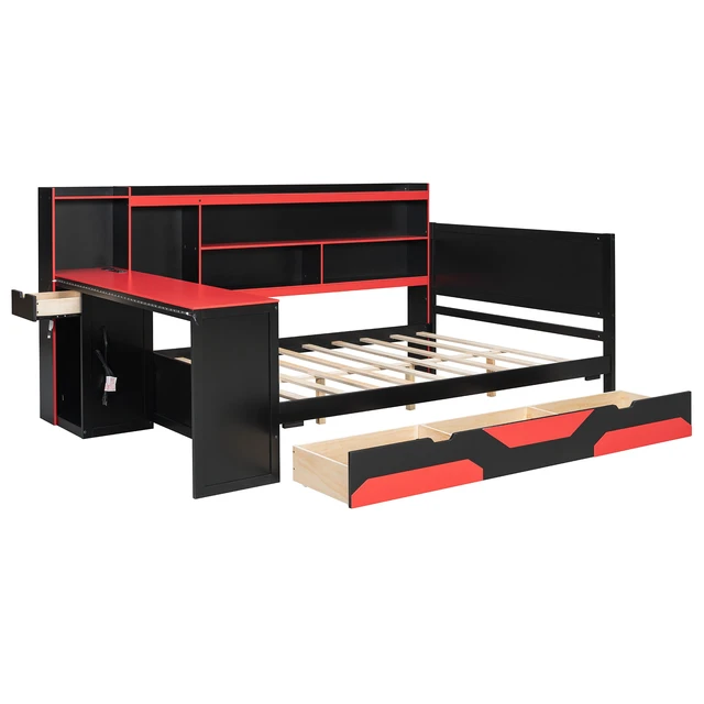 Alt view image 7 of 7 - Full Size Gaming Daybed with Integrated Desk and Lights, Wooden Bed Frame with Storage Drawers and Built in Charging