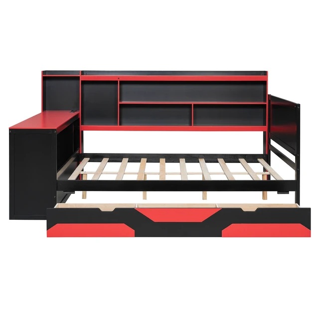 Alt view image 5 of 7 - Full Size Gaming Daybed with Integrated Desk and Lights, Wooden Bed Frame with Storage Drawers and Built in Charging