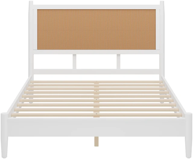 Alt view image 6 of 7 - Queen Size Platform Bed Frame with Rattan Headboard, Wicker Bed with Wooden Slats Support Coastal Box Spring Needed