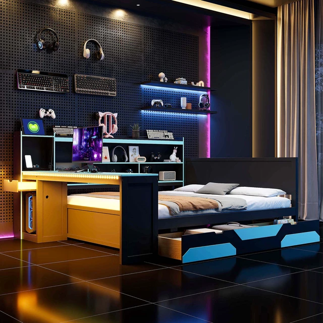 Alt view image 3 of 7 - Queen Size Gaming Daybed with Integrated Desk and Lights, Wooden Bed Frame with Storage Drawers and Built in Charging