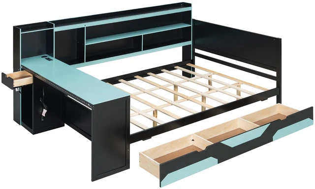 Alt view image 7 of 7 - Queen Size Gaming Daybed with Integrated Desk and Lights, Wooden Bed Frame with Storage Drawers and Built in Charging
