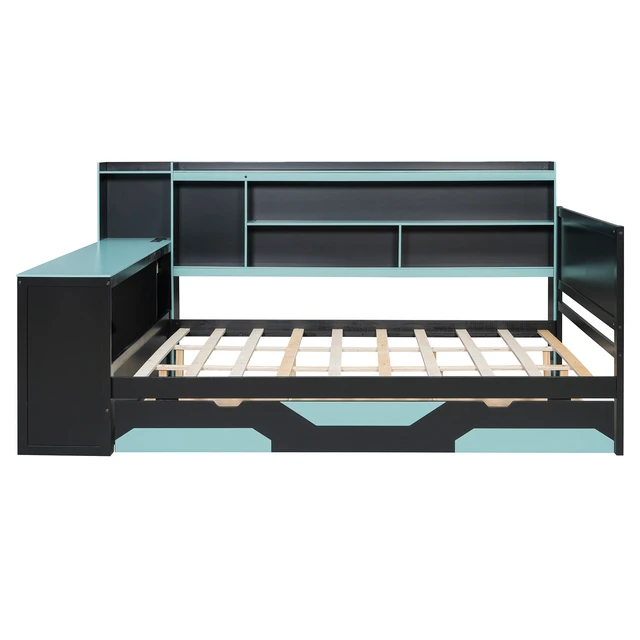 Alt view image 4 of 7 - Queen Size Gaming Daybed with Integrated Desk and Lights, Wooden Bed Frame with Storage Drawers and Built in Charging