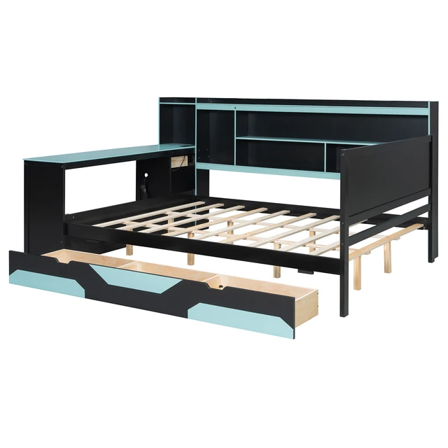 Alt view image 6 of 7 - Queen Size Gaming Daybed with Integrated Desk and Lights, Wooden Bed Frame with Storage Drawers and Built in Charging