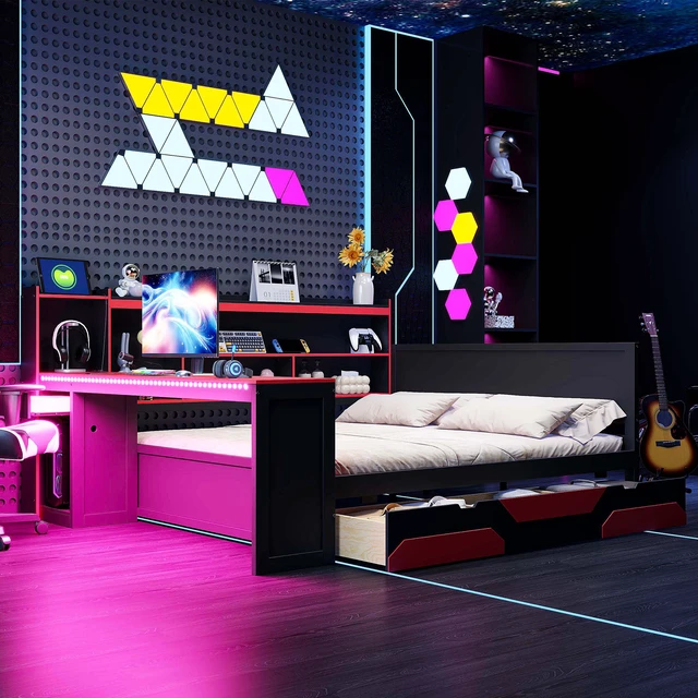 Alt view image 3 of 7 - Queen Size Gaming Daybed with Integrated Desk and Lights, Wooden Bed Frame with Storage Drawers and Built in Charging