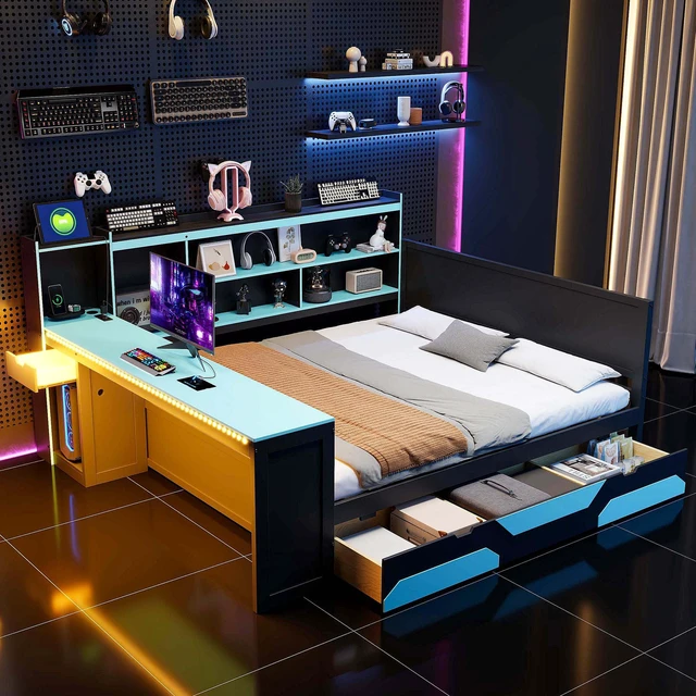 Main image of Queen Size Gaming Daybed with Integrated Desk and Lights, Wooden Bed Frame with Storage Drawers and Built in Charging