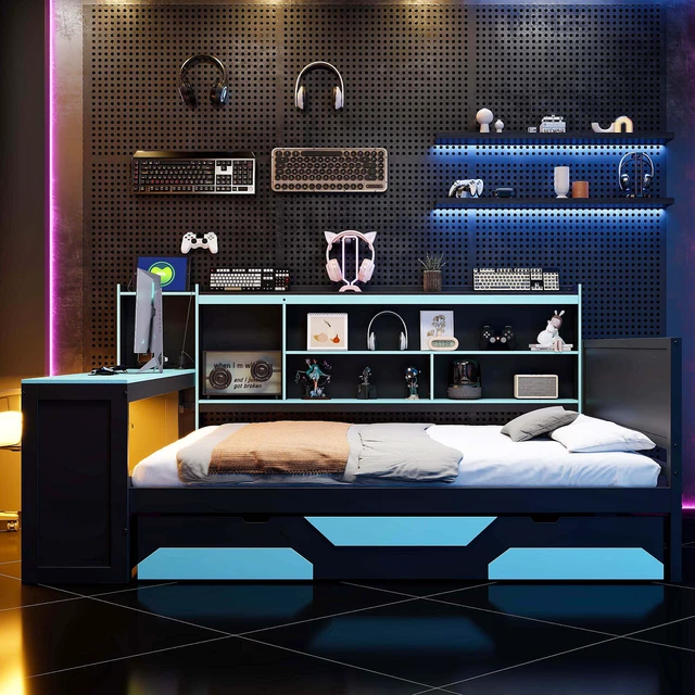 Alt view image 2 of 7 - Queen Size Gaming Daybed with Integrated Desk and Lights, Wooden Bed Frame with Storage Drawers and Built in Charging