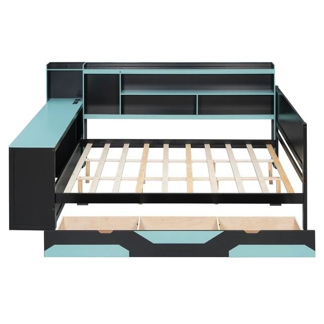 Alt view image 5 of 7 - Queen Size Gaming Daybed with Integrated Desk and Lights, Wooden Bed Frame with Storage Drawers and Built in Charging