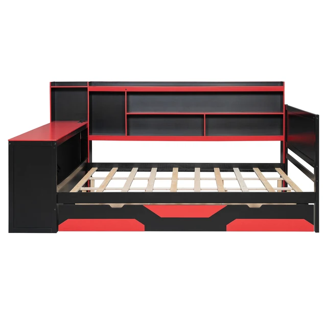 Alt view image 4 of 7 - Queen Size Gaming Daybed with Integrated Desk and Lights, Wooden Bed Frame with Storage Drawers and Built in Charging