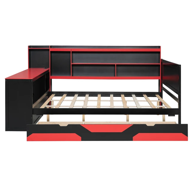 Alt view image 5 of 7 - Queen Size Gaming Daybed with Integrated Desk and Lights, Wooden Bed Frame with Storage Drawers and Built in Charging
