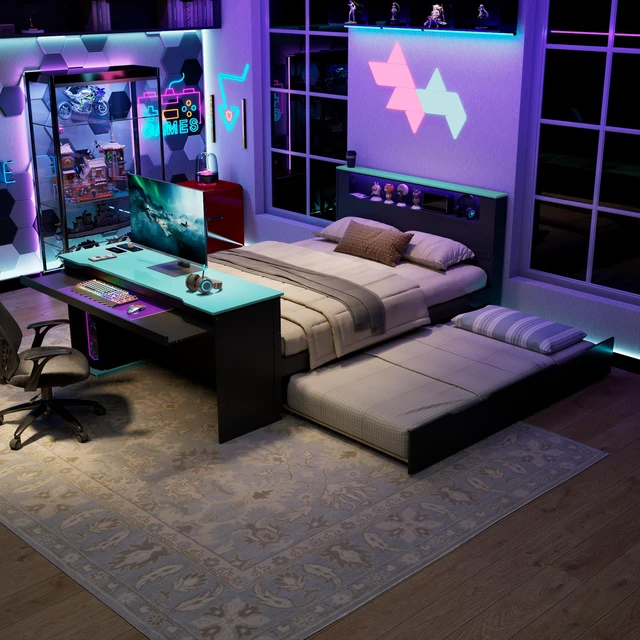Main image of Full Size Daybed with Twin Size Trundle, Desk LED and USB, Black Blue, MDF, Pine and Plywood, Beds Frames Bases