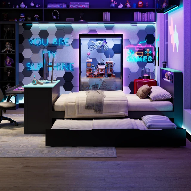 Alt view image 2 of 7 - Full Size Daybed with Twin Size Trundle, Desk LED and USB, Black Blue, MDF, Pine and Plywood, Beds Frames Bases