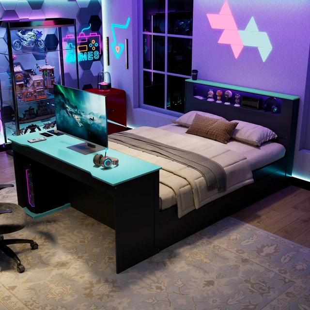 Alt view image 5 of 7 - Full Size Daybed with Twin Size Trundle, Desk LED and USB, Black Blue, MDF, Pine and Plywood, Beds Frames Bases
