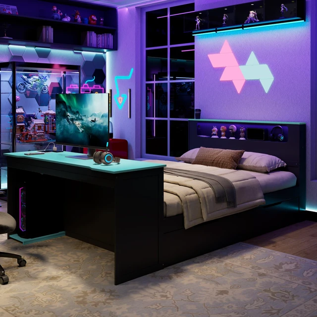 Alt view image 6 of 7 - Full Size Daybed with Twin Size Trundle, Desk LED and USB, Black Blue, MDF, Pine and Plywood, Beds Frames Bases