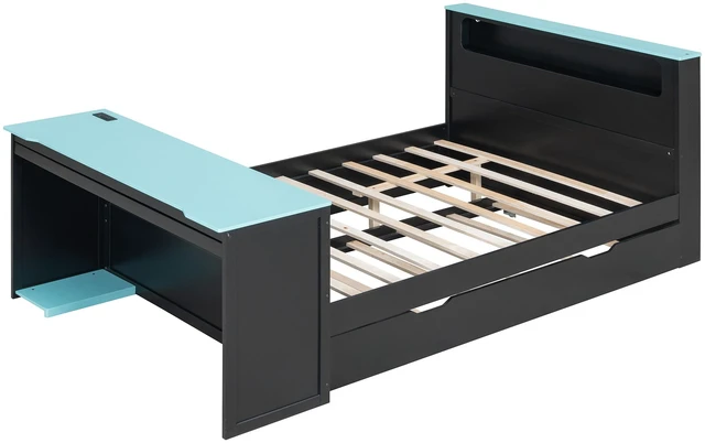 Alt view image 7 of 7 - Full Size Daybed with Twin Size Trundle, Desk LED and USB, Black Blue, MDF, Pine and Plywood, Beds Frames Bases