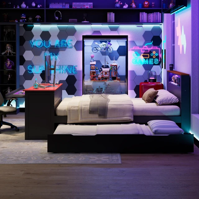 Alt view image 2 of 7 - Full Size Daybed with Twin Size Trundle, Desk LED and USB, Black Red, MDF, Pine and Plywood, Beds Frames Bases