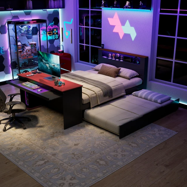 Main image of Full Size Daybed with Twin Size Trundle, Desk LED and USB, Black Red, MDF, Pine and Plywood, Beds Frames Bases