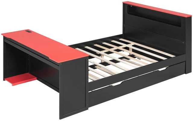 Alt view image 7 of 7 - Full Size Daybed with Twin Size Trundle, Desk LED and USB, Black Red, MDF, Pine and Plywood, Beds Frames Bases