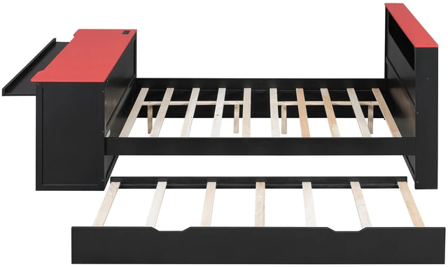 Alt view image 6 of 7 - Full Size Daybed with Twin Size Trundle, Desk LED and USB, Black Red, MDF, Pine and Plywood, Beds Frames Bases