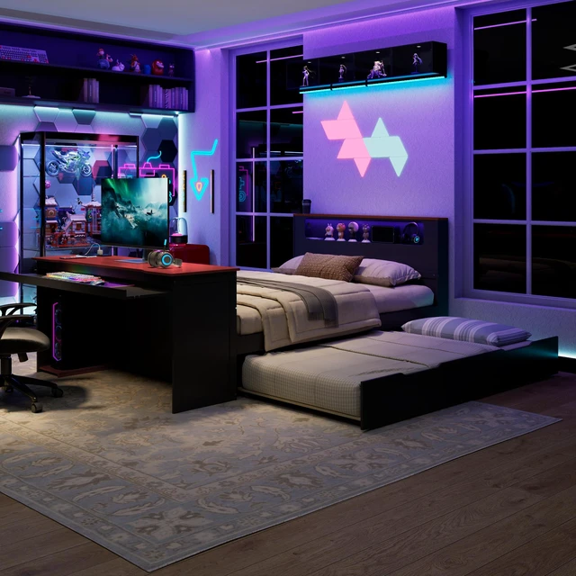 Alt view image 4 of 7 - Full Size Daybed with Twin Size Trundle, Desk LED and USB, Black Red, MDF, Pine and Plywood, Beds Frames Bases