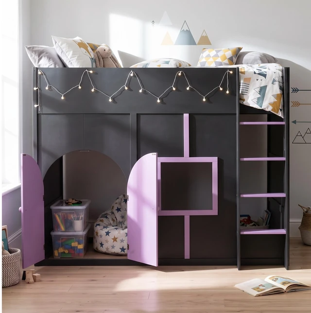 Main image of Full Size Loft Bed with Double Doors and Window, Loft Bed with Strip Private Space Design Platform Frame, Black, MDF