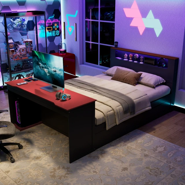Alt view image 5 of 7 - Full Size Daybed with Twin Size Trundle, Desk LED and USB, Black Red, MDF, Pine and Plywood, Beds Frames Bases