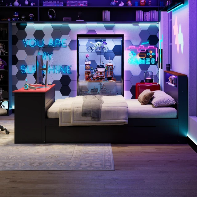 Alt view image 3 of 7 - Full Size Daybed with Twin Size Trundle, Desk LED and USB, Black Red, MDF, Pine and Plywood, Beds Frames Bases