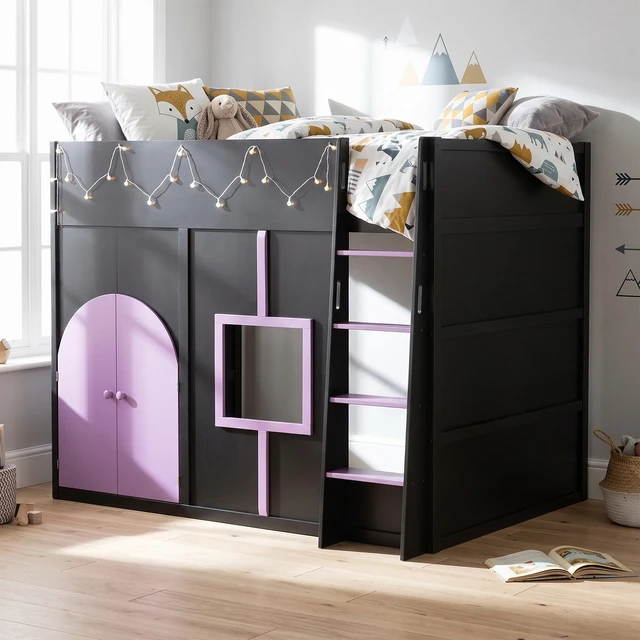 Alt view image 2 of 7 - Full Size Loft Bed with Double Doors and Window, Loft Bed with Strip Private Space Design Platform Frame, Black, MDF