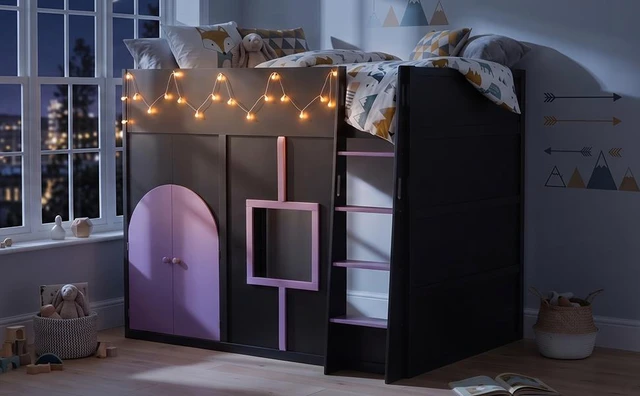 Alt view image 4 of 7 - Full Size Loft Bed with Double Doors and Window, Loft Bed with Strip Private Space Design Platform Frame, Black, MDF