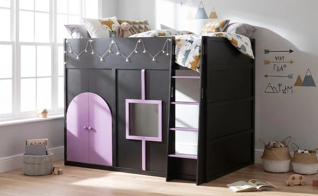 Alt view image 5 of 7 - Full Size Loft Bed with Double Doors and Window, Loft Bed with Strip Private Space Design Platform Frame, Black, MDF