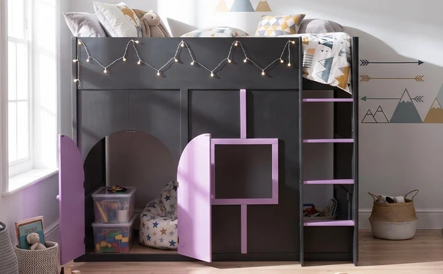Alt view image 6 of 7 - Full Size Loft Bed with Double Doors and Window, Loft Bed with Strip Private Space Design Platform Frame, Black, MDF
