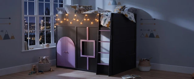 Alt view image 7 of 7 - Full Size Loft Bed with Double Doors and Window, Loft Bed with Strip Private Space Design Platform Frame, Black, MDF