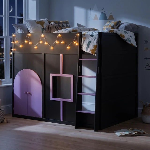 Alt view image 3 of 7 - Full Size Loft Bed with Double Doors and Window, Loft Bed with Strip Private Space Design Platform Frame, Black, MDF