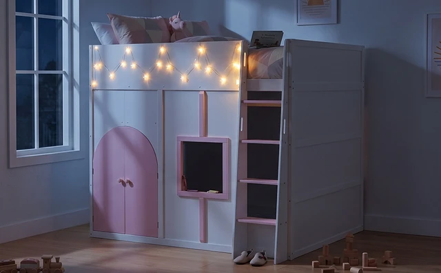 Alt view image 5 of 7 - Full Size Loft Bed with Double Doors and Window, Loft Bed with Strip Private Space Design Platform Frame, White, MDF
