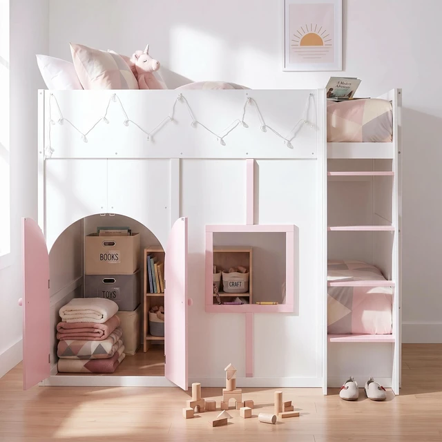 Main image of Full Size Loft Bed with Double Doors and Window, Loft Bed with Strip Private Space Design Platform Frame, White, MDF