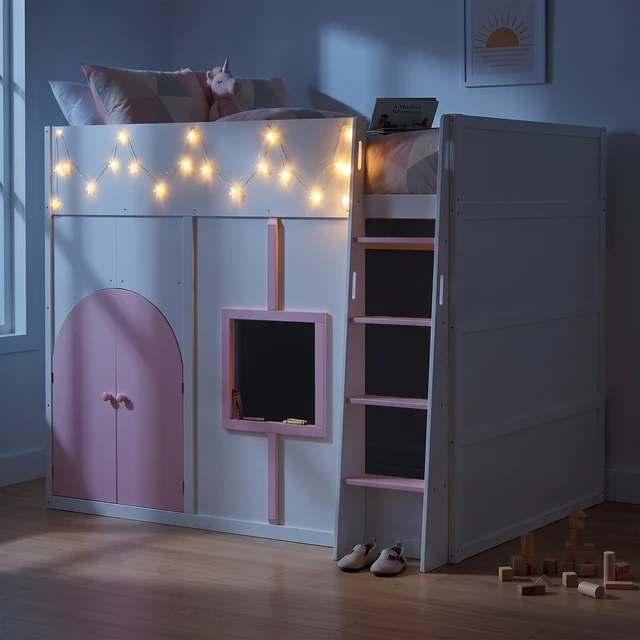 Alt view image 3 of 7 - Full Size Loft Bed with Double Doors and Window, Loft Bed with Strip Private Space Design Platform Frame, White, MDF