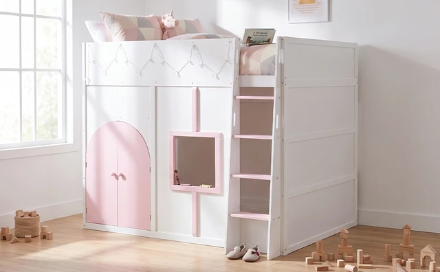 Alt view image 4 of 7 - Full Size Loft Bed with Double Doors and Window, Loft Bed with Strip Private Space Design Platform Frame, White, MDF