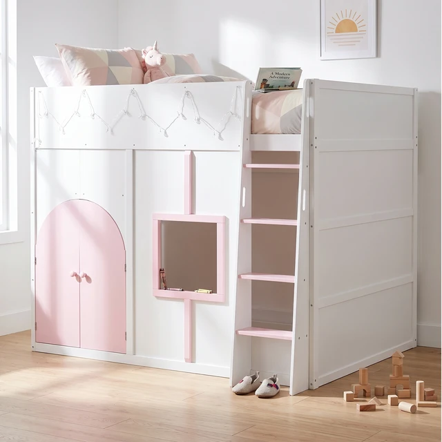 Alt view image 2 of 7 - Full Size Loft Bed with Double Doors and Window, Loft Bed with Strip Private Space Design Platform Frame, White, MDF