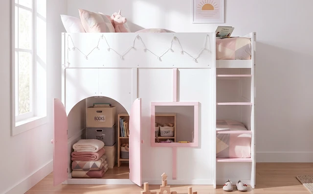 Alt view image 6 of 7 - Full Size Loft Bed with Double Doors and Window, Loft Bed with Strip Private Space Design Platform Frame, White, MDF